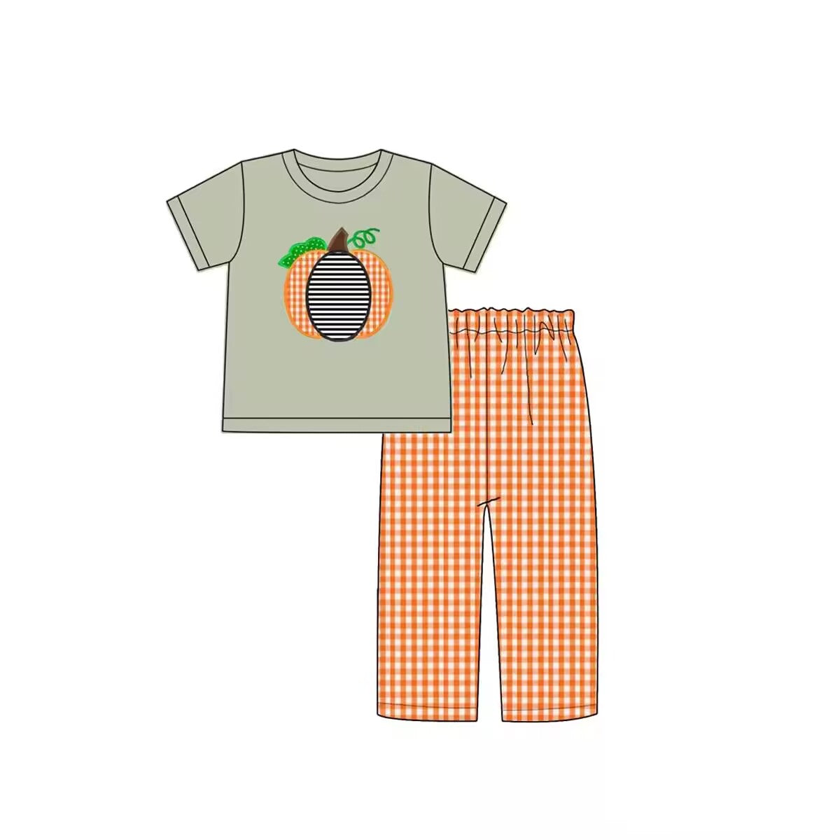 Custom moq 3 eta 6-8weeks Embroidered Pumpkin or Green Short Sleeve-Orange Plaid Pants Set