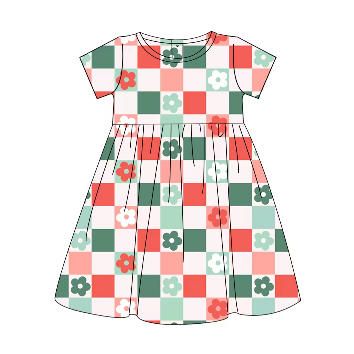 Custom moq 3 eta 6-8weeks Red-green-pink-beige four-color plaid floral short-sleeved dress