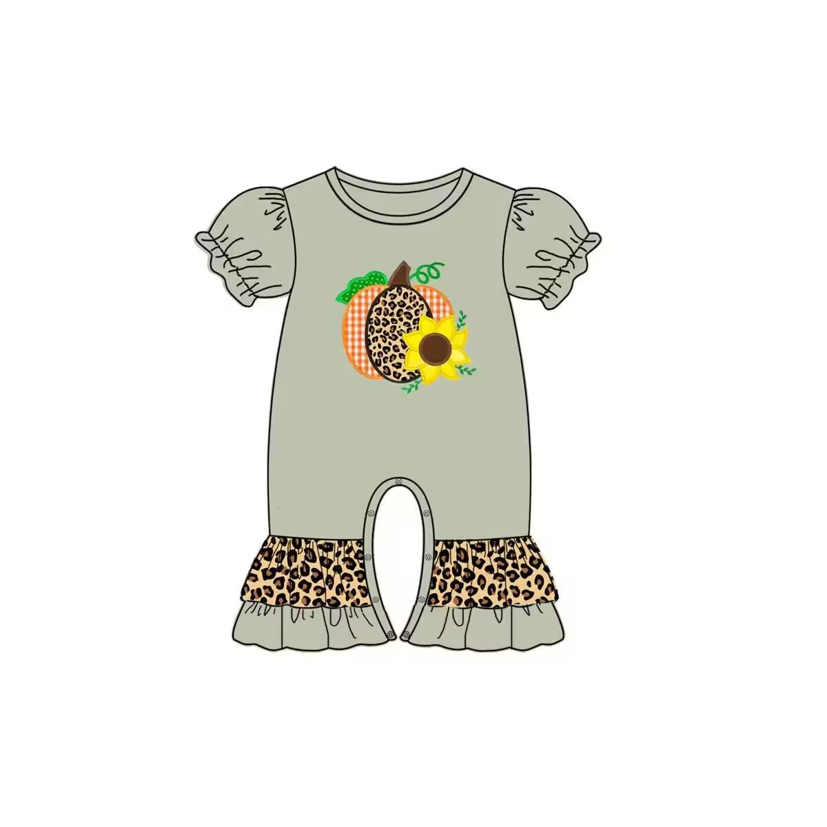 Custom moq 3 eta 6-8 weeks Embroidered Pumpkin-Sunflower Grey-Green Bubble Short-Sleeve Climbing Dress