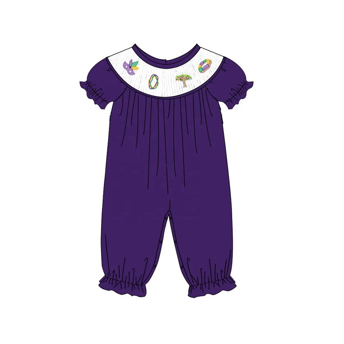 Custom moq 3 eta 6-8 weeks Embroidered Mask-Ring Pattern Purple Puff Sleeve Short Sleeve Long Climbing Dress