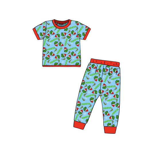 Custom moq 3 eta 6-8weeks Green Sharp Mouth Monster & Letter Fluorescent Blue Short Sleeve Long Pants Set