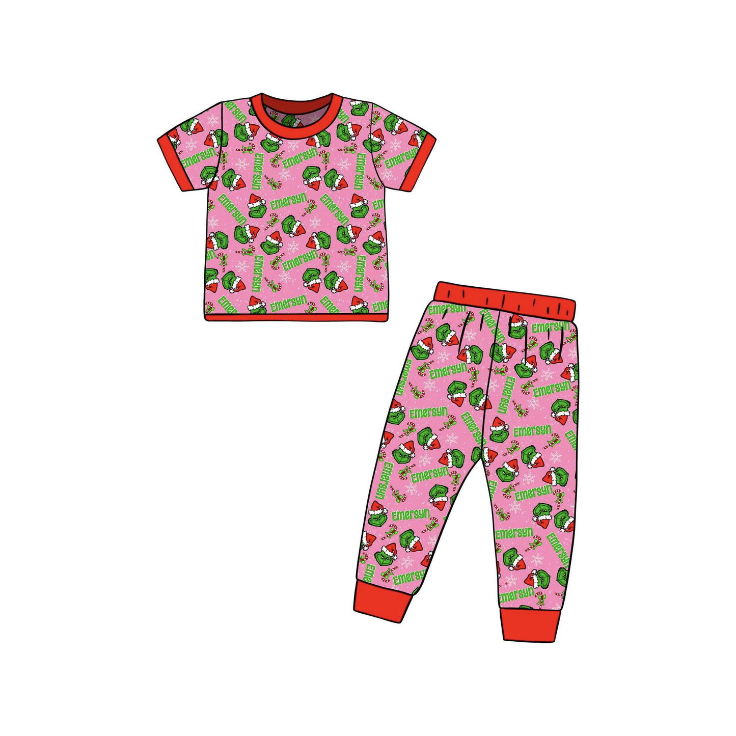 Custom moq 3 eta 6-8weeks Green Sharp Mouth Monster & Letter Rose Red Short Sleeve Long Pants Set