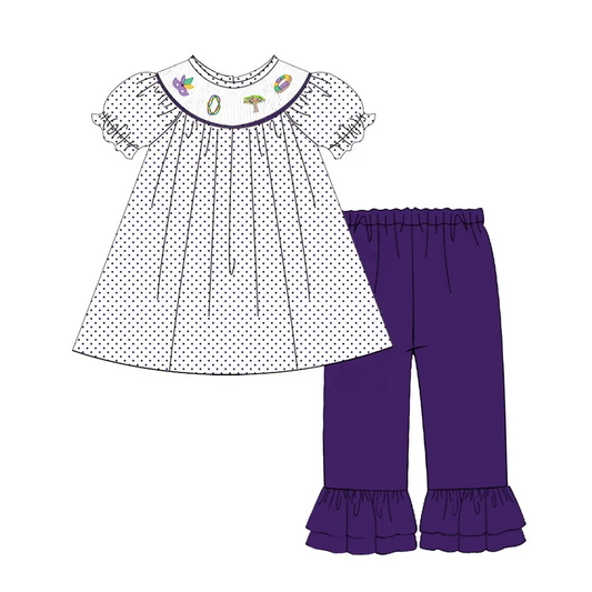 Custom moq 3 eta 6-8weeks Purple Polka Dot Puff Sleeve Short Sleeve Top - Pure Purple Trousers Set