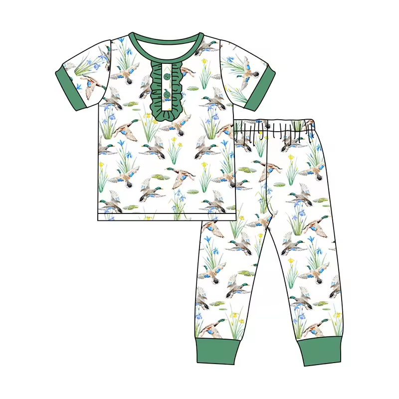 Custom moq 3 eta 6-8weeks Flying duck grass elastic cuffs lace button pullover girls short sleeve suit