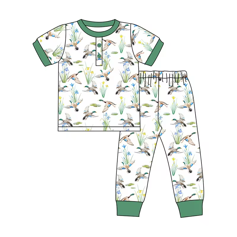 Custom moq 3 eta 6-8weeks Flying duck grass elastic cuffs button pullover boys short-sleeved suit