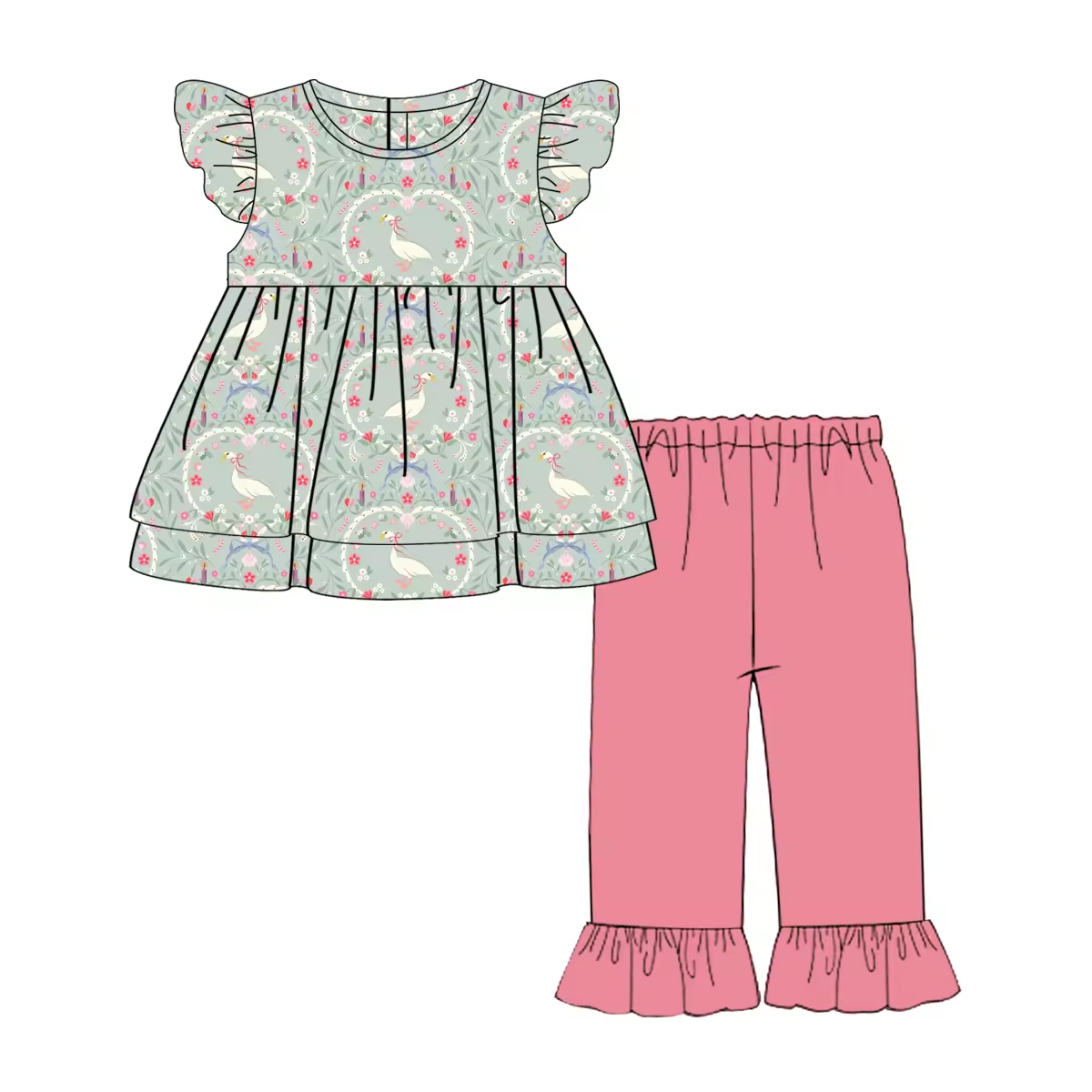Custom moq 3 eta 6-8weeks Gray-green heart-leaves-flowers flying sleeves top-pink trousers set