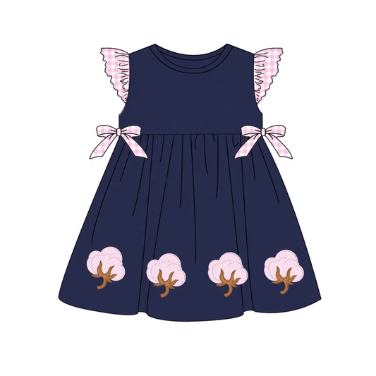 Custom moq 3 eta 7/8week moq 5 eta /4/5week  Navy blue flying sleeve dress with embroidered pink cloud and tree pattern