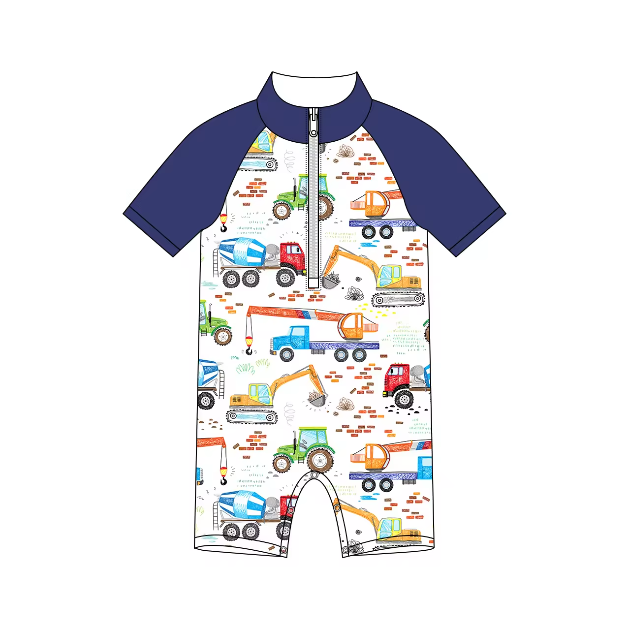 Custom moq 3 eta 6-8weeks  Construction Truck Boys Zip-Up Blue Short Sleeve White Romper