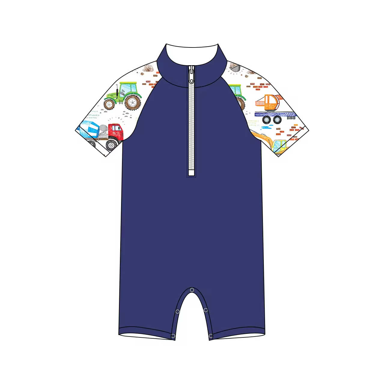 Custom moq 3 eta 6-8weeks  Dark blue truck mud tanker zipper stand collar boy short sleeve romper