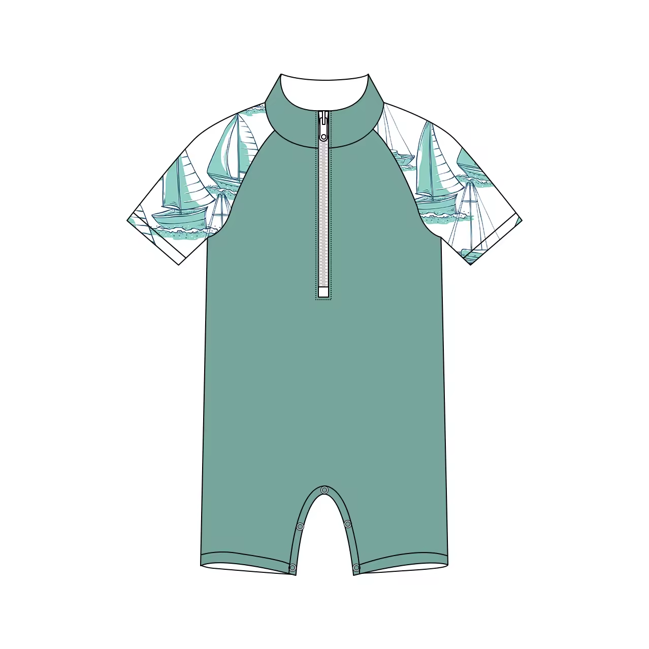 Custom moq 3 eta 6-8weeks  Sailing sailing boy zipper pullover lake green short-sleeved romper