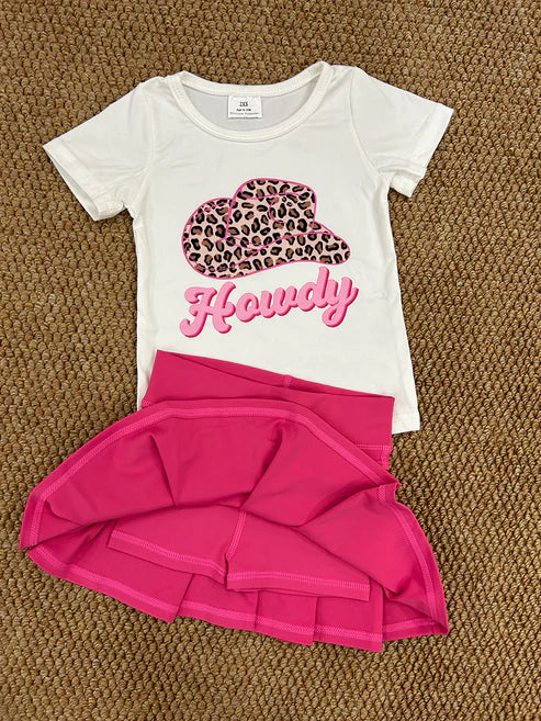 RTS NO MOQ Baby Girls Western Howdy Hotpink Pleated Skorts Active Yoga Sets Cute Shirt Skort Outfit for Kids