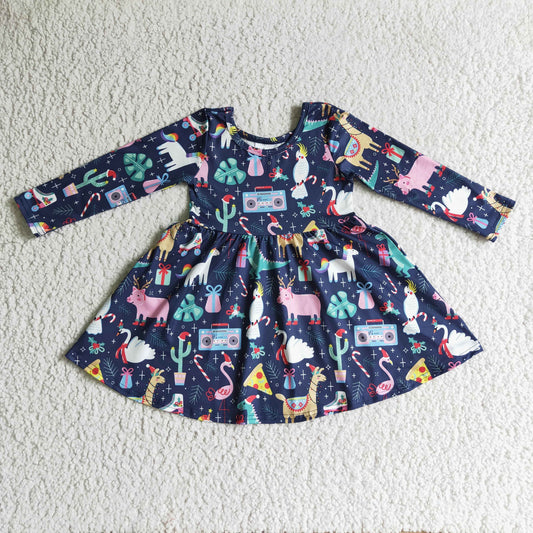 GLD0135 baby christmas clothing long sleeve print kids dresses for girls milk silk