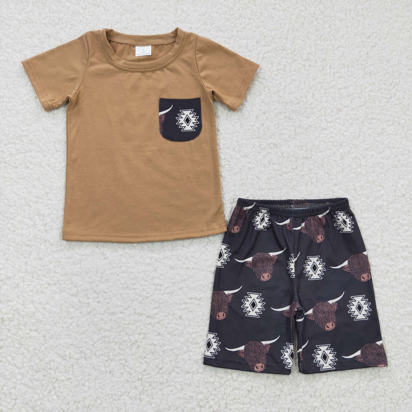RTS NO MOQ BSSO0148 Boys' Alpine Geometric Brown Pocket Short Sleeve Shorts Set