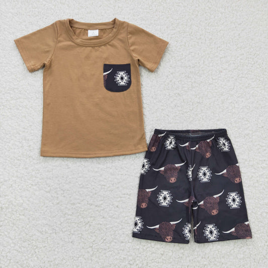 RTS NO MOQ BSSO0148 Boys' Alpine Geometric Brown Pocket Short Sleeve Shorts Set