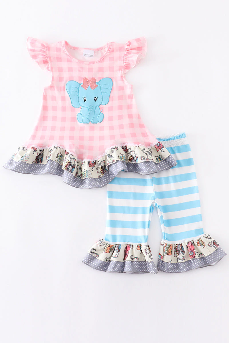 Elephant Embroidery pink top with long pants