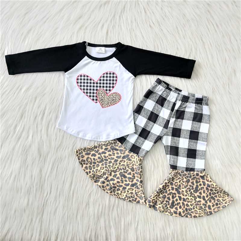 RTS NO MOQ（In Stock) Valentine's Day Plaid Leopard Print Heart Long Sleeve Suit