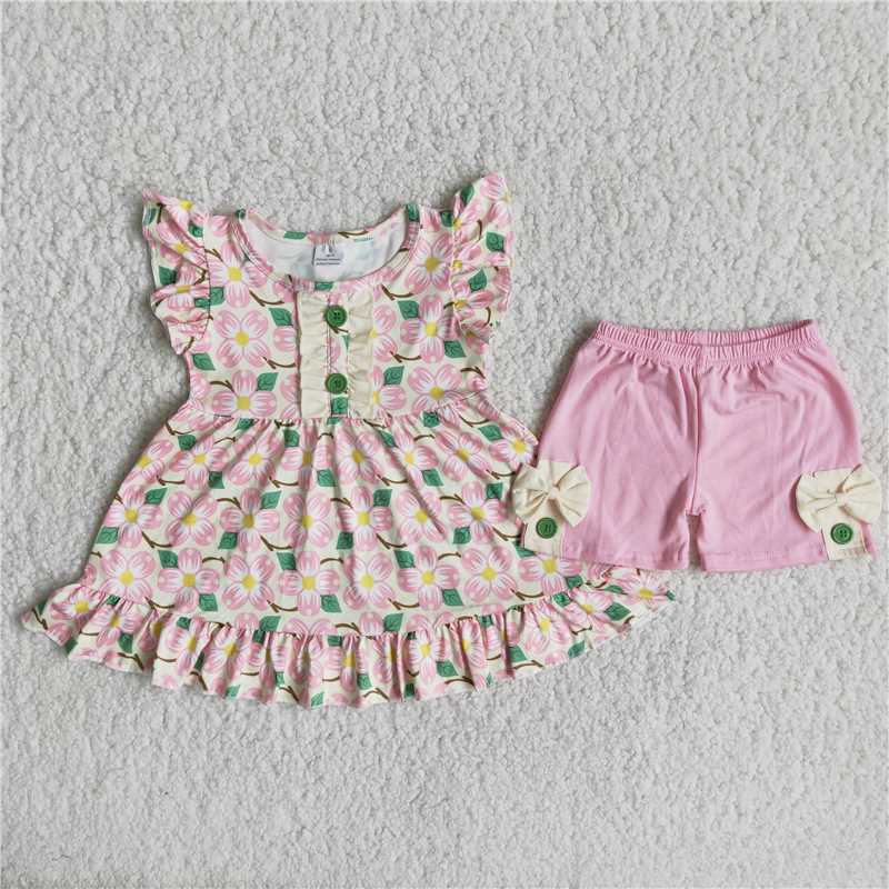 flowers buttons pattern pink short pants set with bows