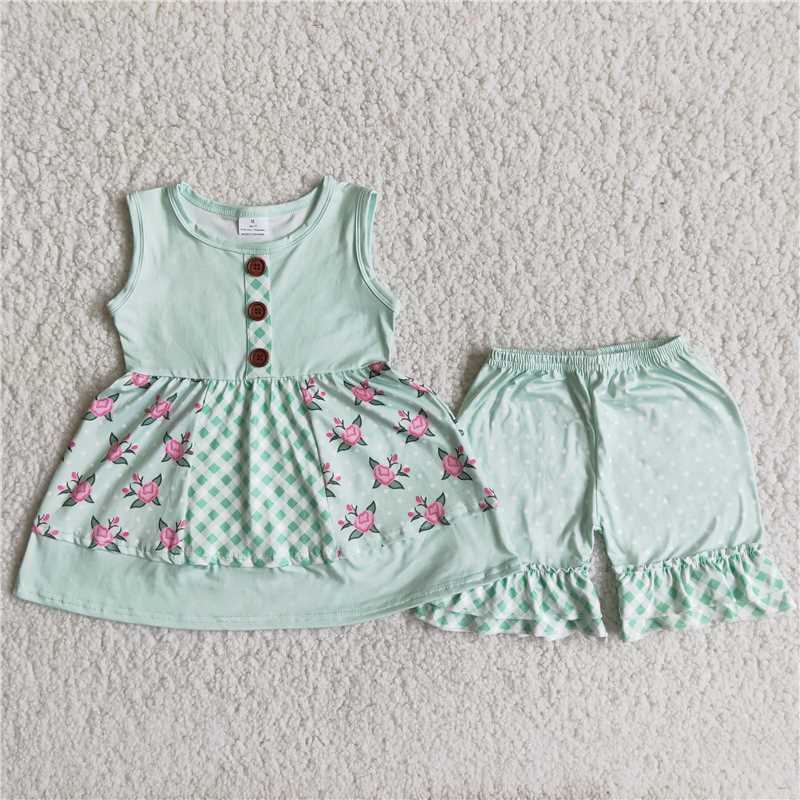 light green flowers polka dots short pants set