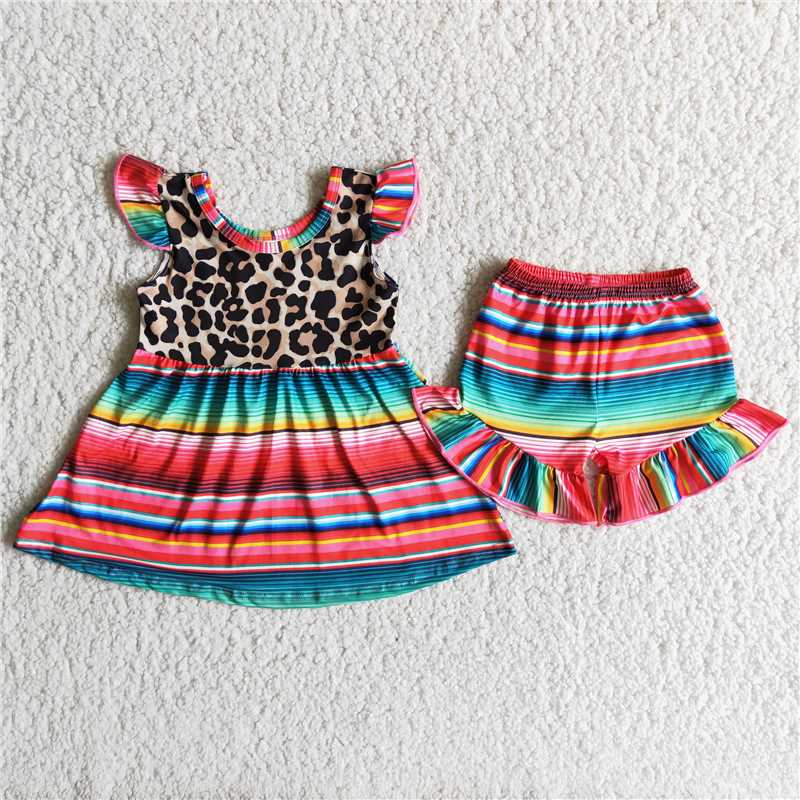 colorful striped with leopard pattern short pants set