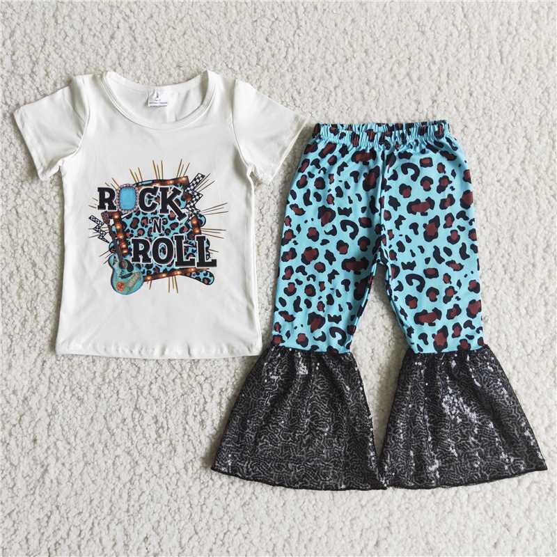 ROCK Lettering Short Sleeve Top Blue Leopard Sequin Flare Pants