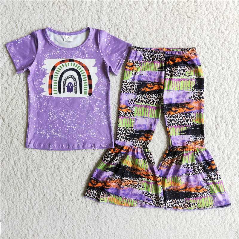RTS NO MOQ（In Stock) D2-14 Halloween Purple Short Sleeve Leopard Flared Pants Set