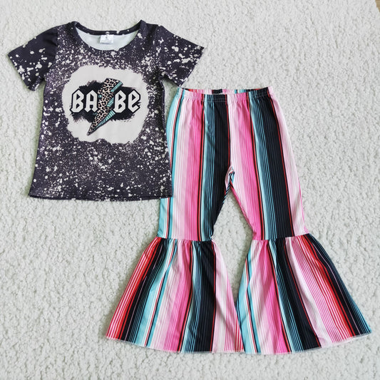 RTS NO MOQ（In Stock) D3-13 Kids Clothing Girls Short Sleeve Top And Long Pants Letter Print