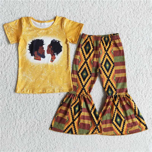 Black Orange Short Sleeve Diamond Flared Pants Set