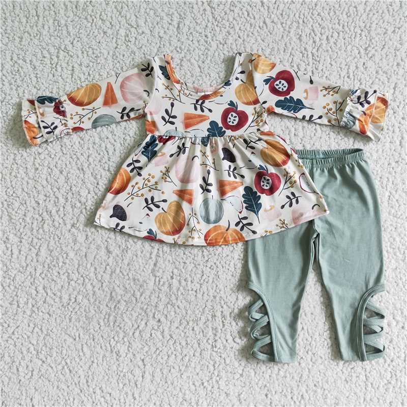 RTS NO MOQ（In Stock) GLP0113 girls halloween outfit long sleeve and long pants pumpkin print
