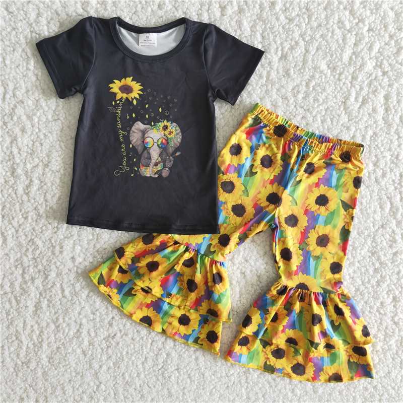 black shirt top with bell bottom sunflowers pattern  pants girl set