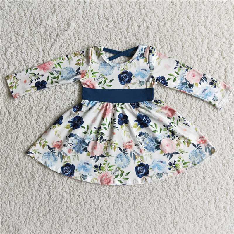 navy blue flowers long sleeve dress