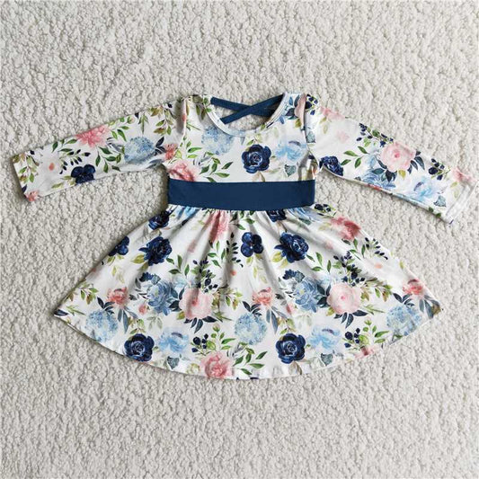 navy blue flowers long sleeve dress