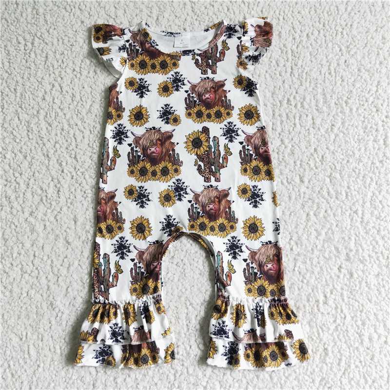 RTS NO MOQ SR0048 Girls Alpine Cow Cactus Sunflower Flying Sleeve Onesie