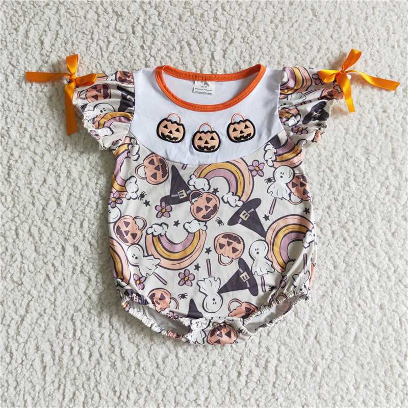 RTS NO MOQ（In Stock ) baby halloween clothing pumpkin print short sleeve bodysuit milk silk baby romper
