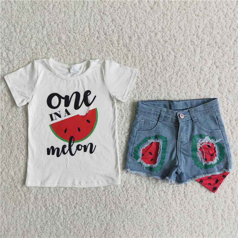 one melon top denim short pants set