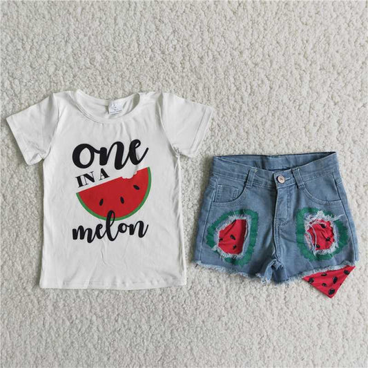 one melon top denim short pants set