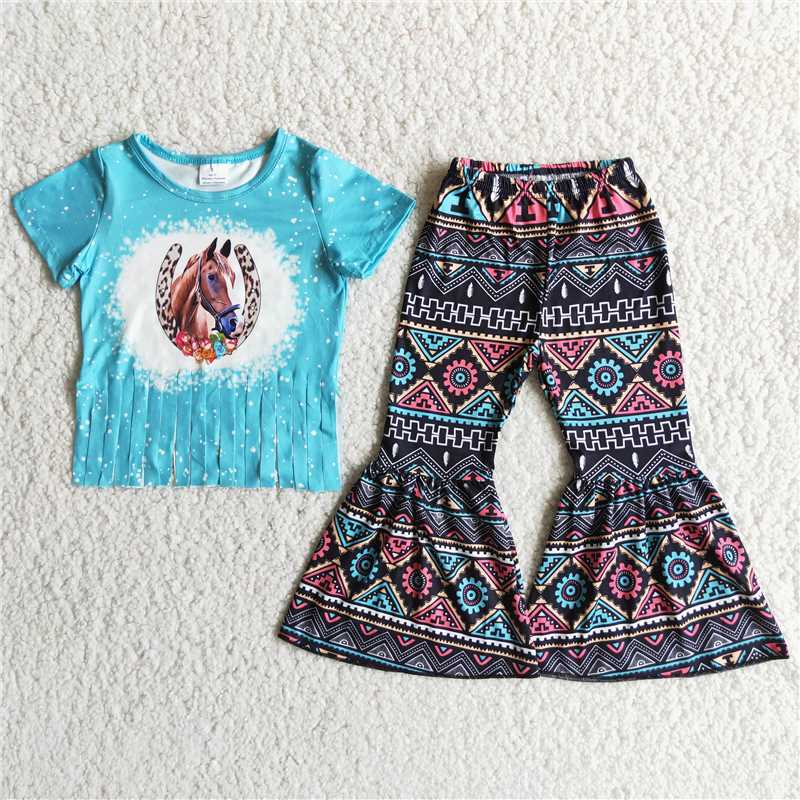Horse fringed top pattern flared trousers