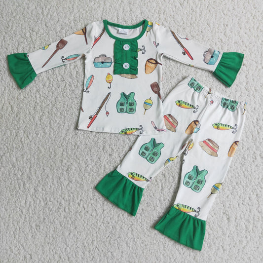 green girl pajamas fishing tools