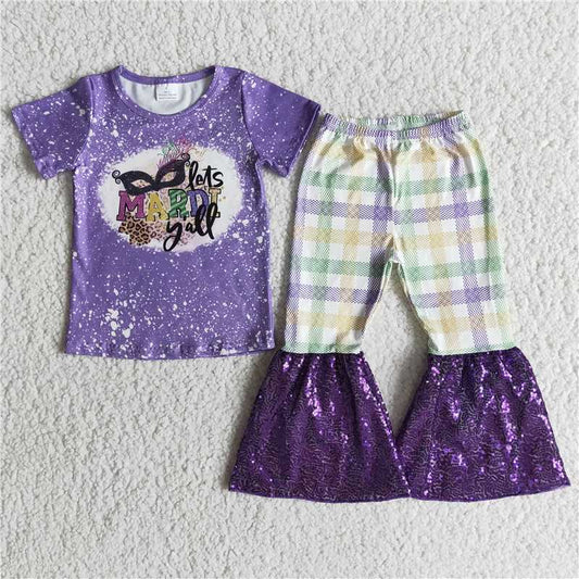 E5-17 MARDI Purple Short Sleeve Plaid Sequined Flared Pants