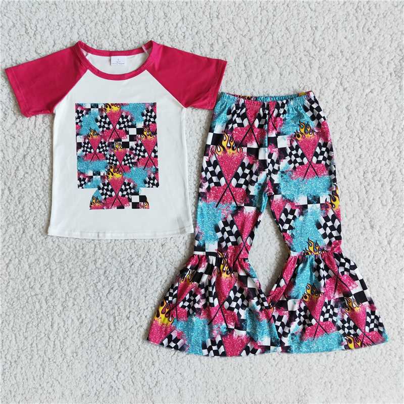 Checkered Flag Red Short Sleeve Flared Pants Set