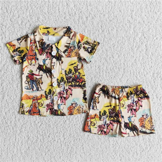 Cow Horse Button Boy Short Sleeve Shorts Suit