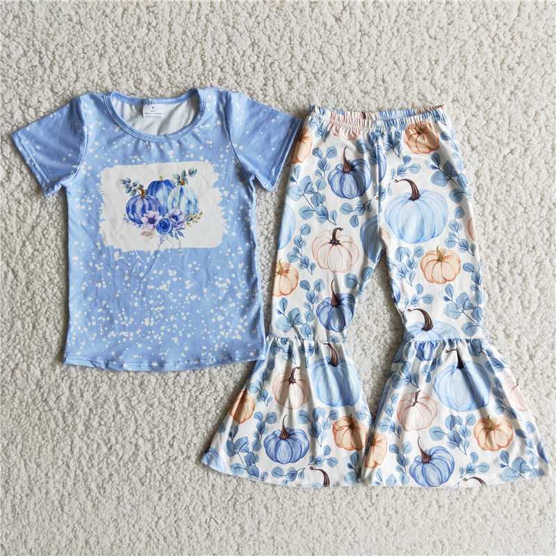 rts no moq B9-13 Girls Halloween Pumpkin Blue Short Sleeve Pants Set