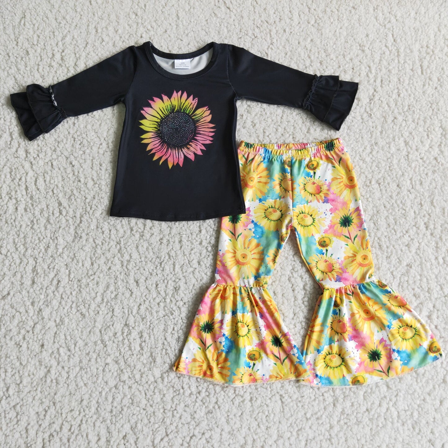 black shirt top with bell bottom sunflowers pattern pants girl's set