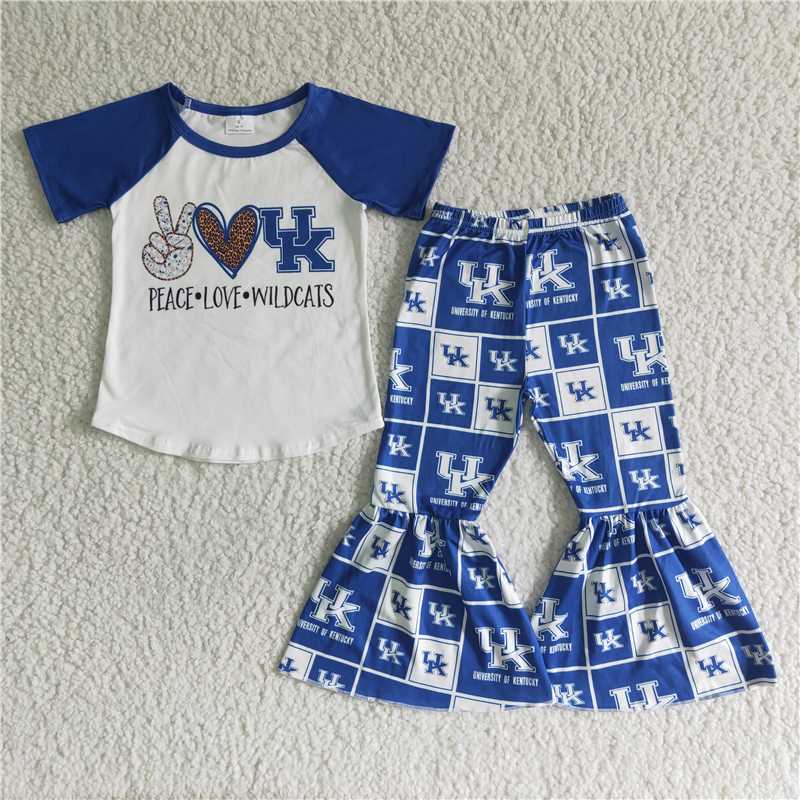 GSPO0028 Blue White Panel Short Sleeve Flared Pants Outfits