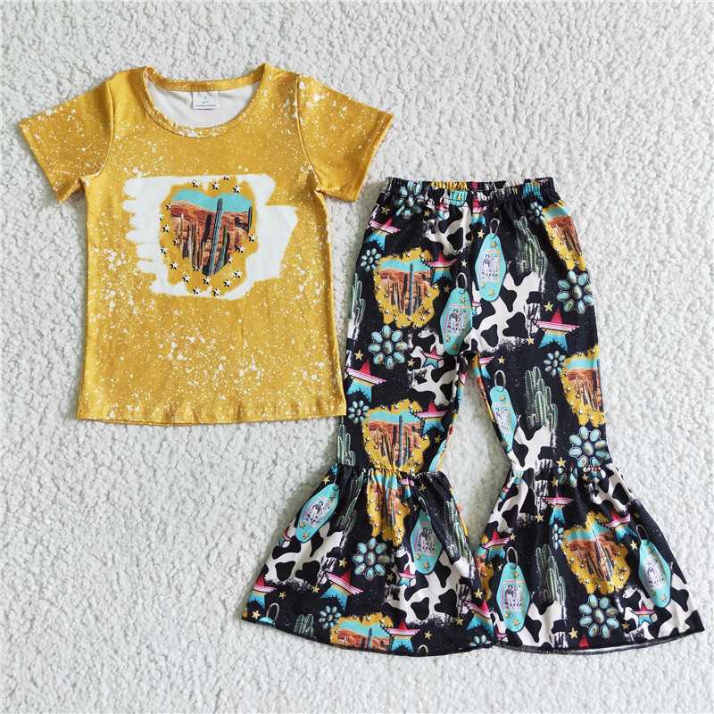 GSPO0025 Baby Girls western cactus tops bell pants clothing sets
