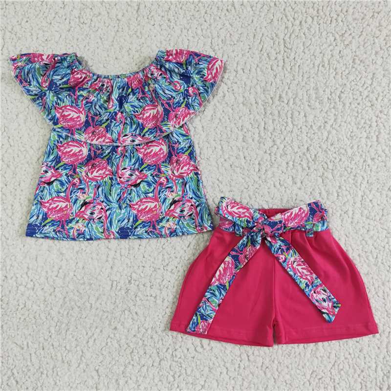 GSSO0101 Girls Flower One Shoulder Bow Rose Red Shorts Set