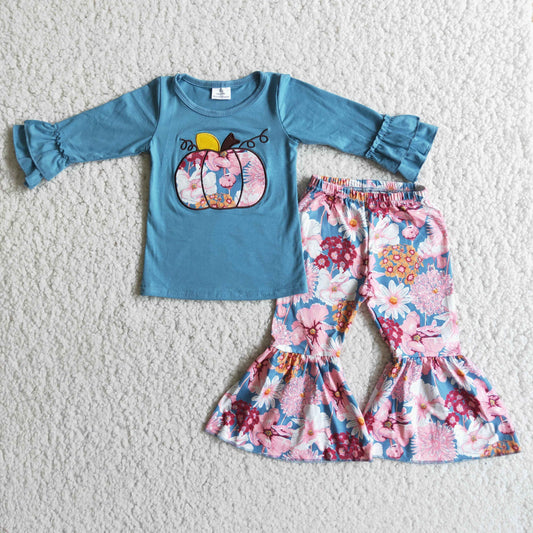 embroidery pumpkin design long sleeve pants set