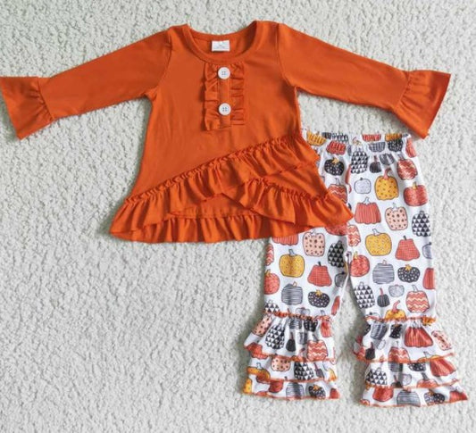 girls halloween outfit long sleeve and long pants pumpkin print
