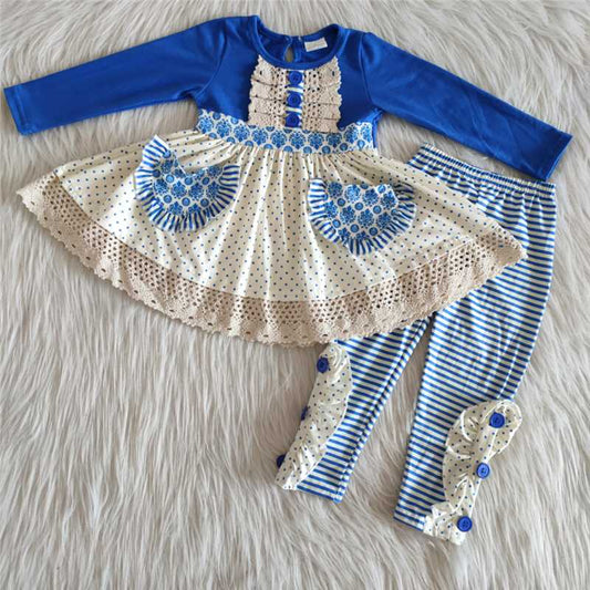 6 A3-1 blue flowers pockets striped long sleeve pants set