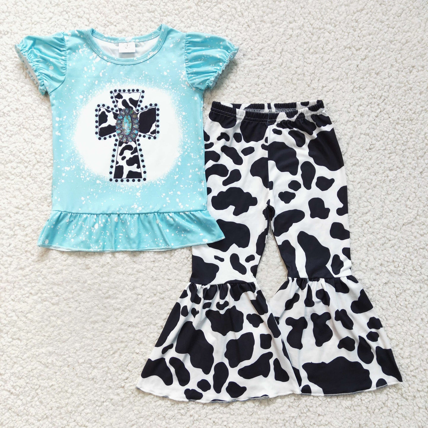 GSPO0246 Girls Cow Pattern Gem Cross Short Sleeve Pants Set Milk Silk