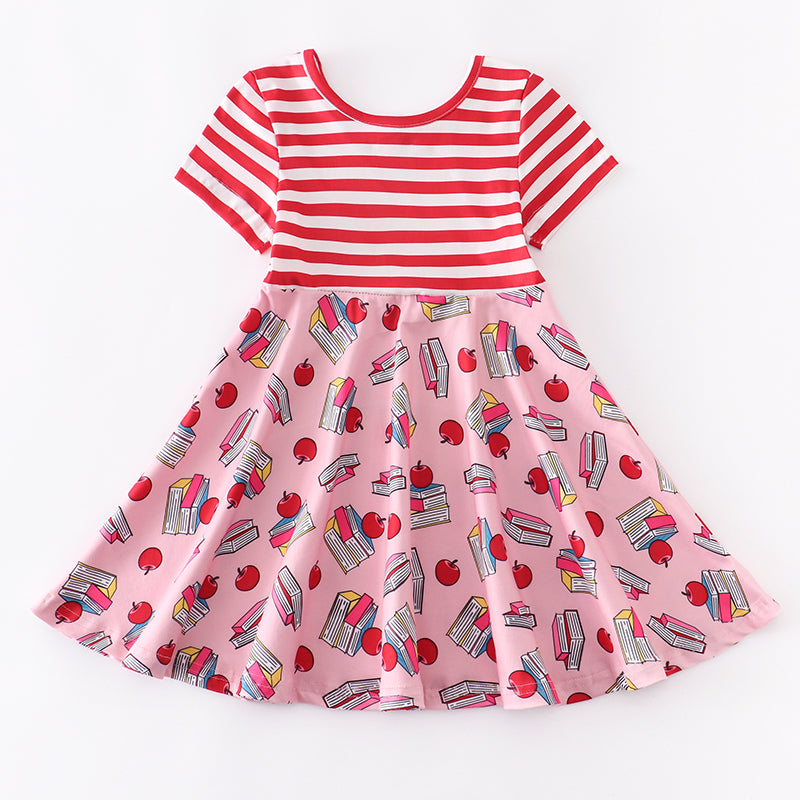 girl book apple red stripe short sleeve dress